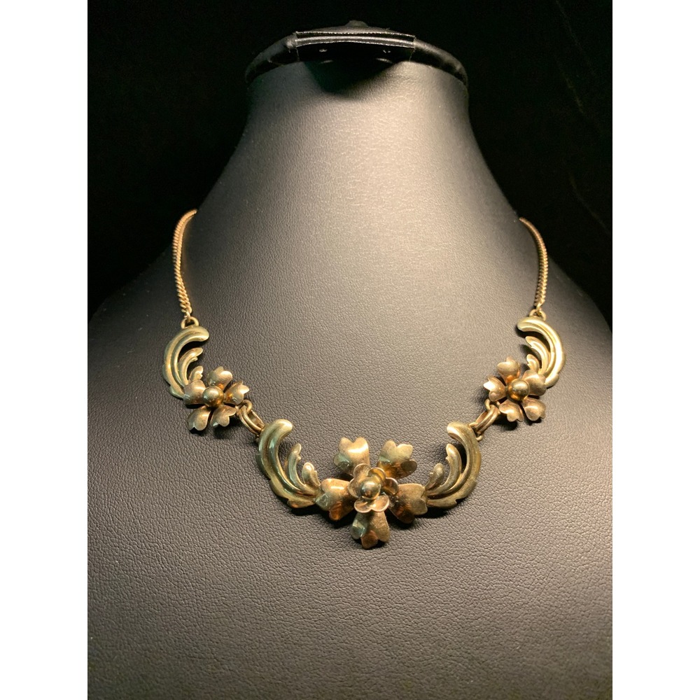 Vintage Gold Filled Necklace Floral Bib 1/20 14K 15" Flower Scroll